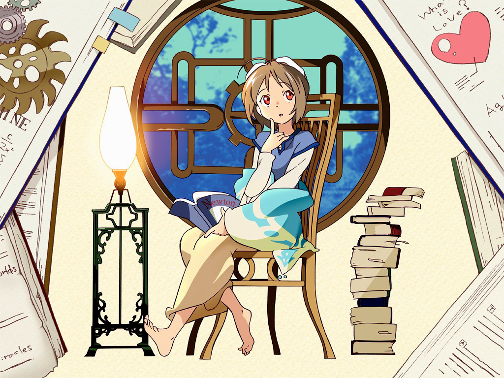 rinrin (sister princess), sister princess, looking away, 00s, 1girl, barefoot, book, book stack, brown hair, feet, female focus, finger to face, goggles, short hair, solo, thinking