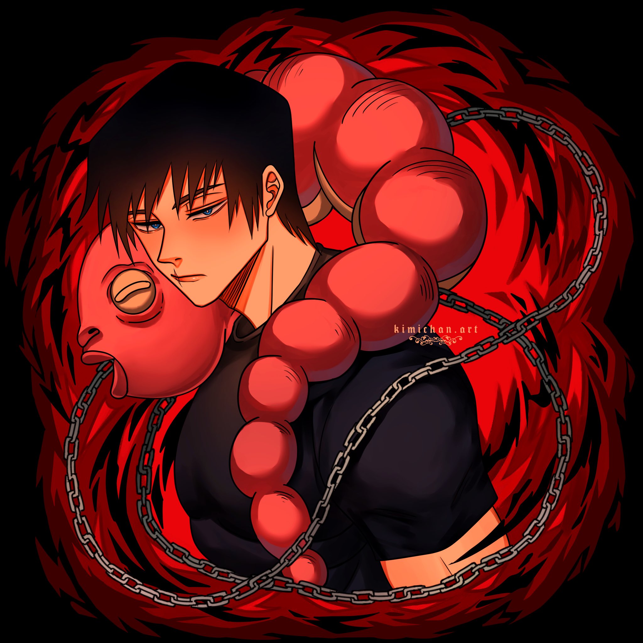 kimichan, fushiguro touji, inventory curse (jujutsu kaisen), jujutsu kaisen, highres, 1boy, adam's apple, aegyo sal, artist name, black hair, black shirt, blue eyes, blush, bright pupils, chain, closed mouth, eyes visible through hair, hair over eyes, lips, looking at viewer, male focus, muscular, muscular male, nose, portrait, red background, scar, scar on face, scar on mouth, shirt, short hair, short sleeves, slit pupils, white pupils