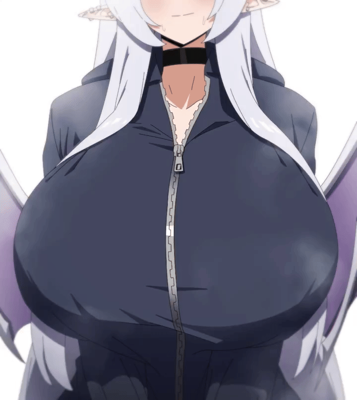 dotthebot, valenia (dotthebot), original, animated, animated gif, ugoira, video, 1girl, black choker, black jacket, bouncing breasts, breast focus, breasts, choker, collarbone, ear piercing, eyes out of frame, gigantic breasts, head out of frame, huge breasts, jacket, long hair, long sleeves, piercing, pointy ears, simple background, solo, track jacket, unzipping, white background, white hair, wings