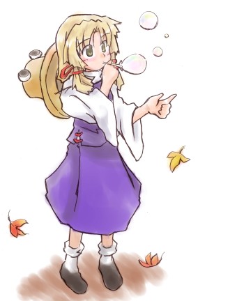 shizuru (ayuhiko), moriya suwako, touhou, lowres, 1girl, blowing bubbles, bubble, female focus, hat, solo