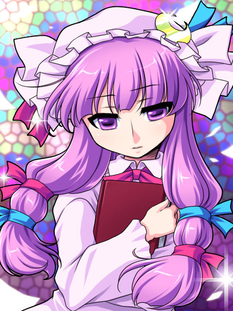 manjiduka, patchouli knowledge, touhou, 1girl, blue bow, book, bow, expressionless, female focus, long hair, mosaic background, pink bow, purple eyes, purple hair, solo