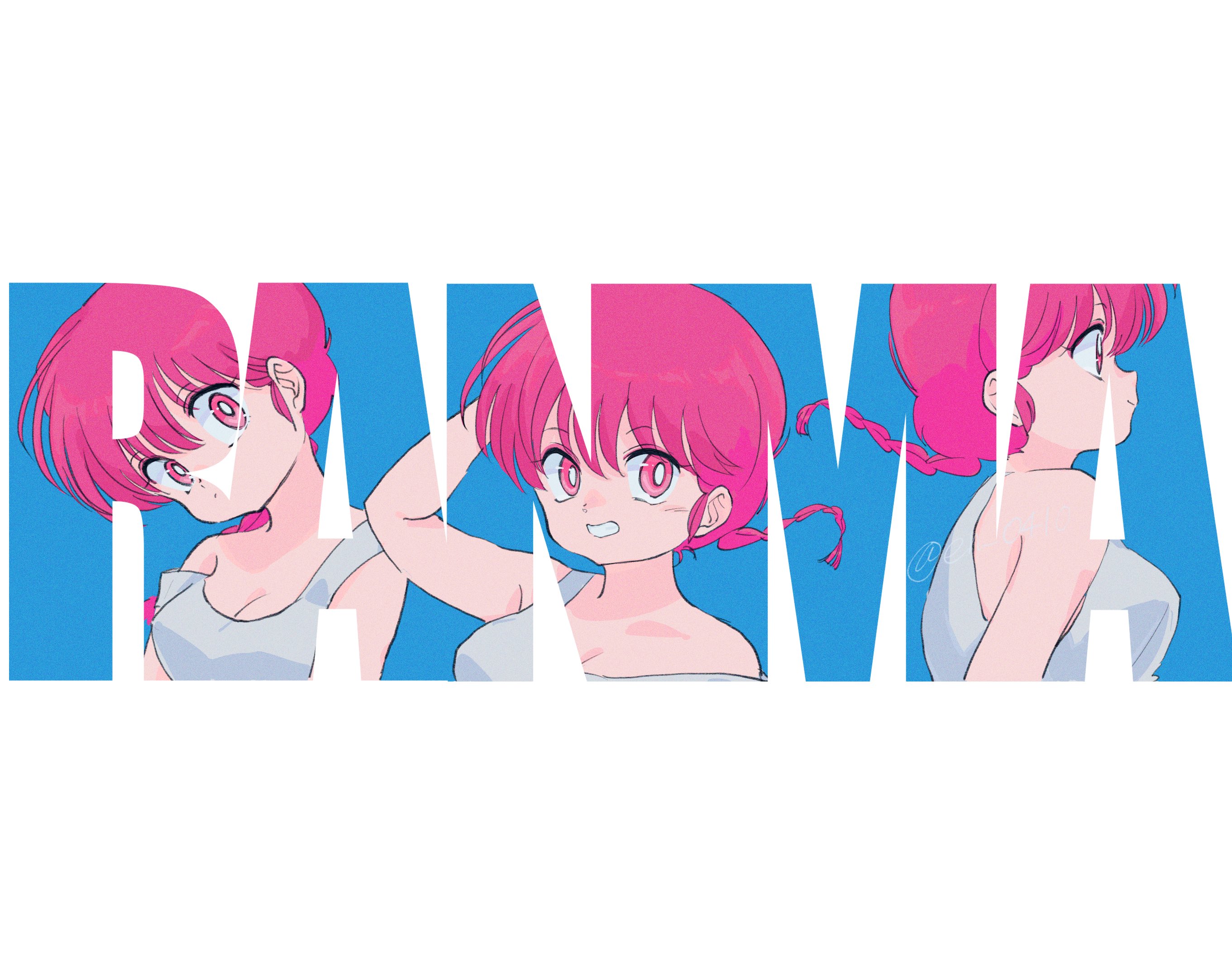 en 0410, ranma-chan, ranma 1/2, commentary, highres, symbol-only commentary, 1girl, braid, breasts, cleavage, copyright name, looking at viewer, multiple views, pink eyes, pink hair, shirt, signature, sleeveless, sleeveless shirt, smile, white shirt