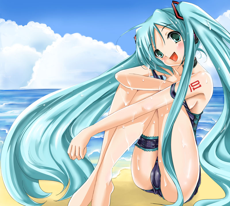 natsume fumika, hatsune miku, vocaloid, aqua eyes, aqua hair, beach, cameltoe, day, fat mons, green hair, long hair, ocean, one-piece swimsuit, sitting, smile, solo, strap slip, sweat, swimsuit, twintails, undressing, very long hair, wet