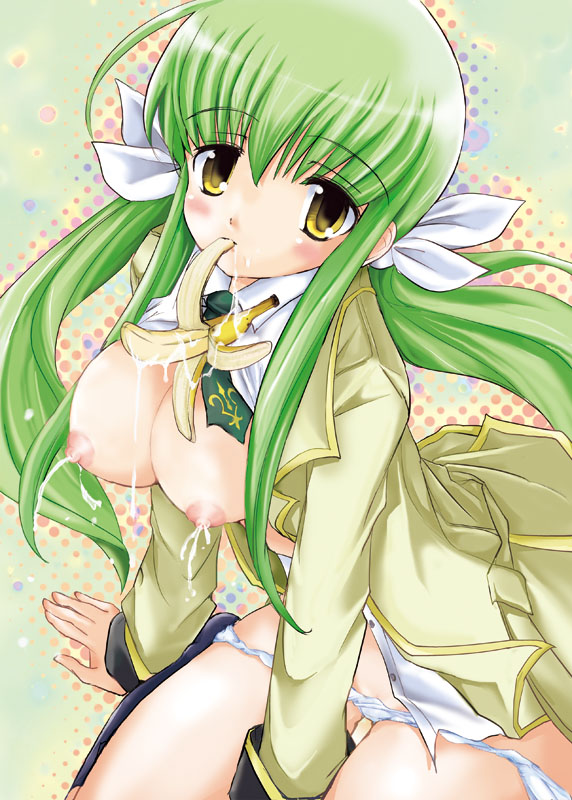 natsume fumika, c.c., code geass, 00s, 1girl, banana, blush, breasts, female focus, food, fruit, green eyes, huge breasts, lactation, large breasts, long hair, milk, nipples, solo, yellow eyes