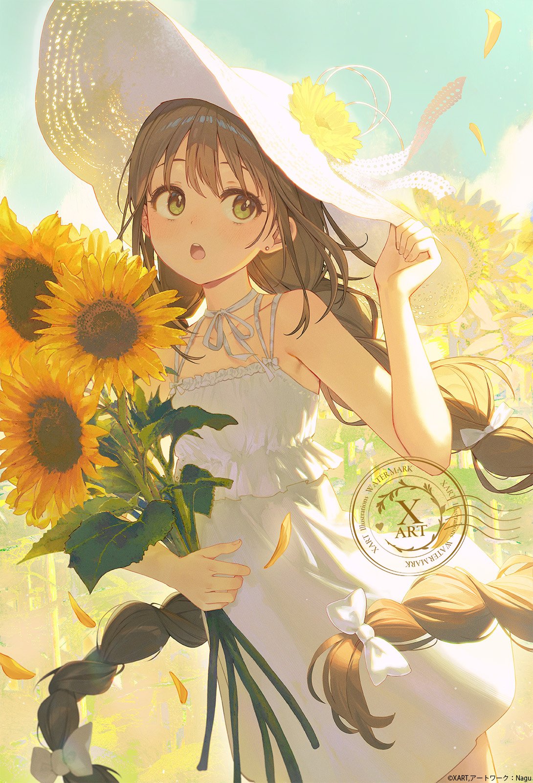 nagu, original, highres, second-party source, 1girl, artist name, bare shoulders, bow, braid, brown hair, copyright notice, dress, flower, green eyes, hat, hat flower, holding, holding flower, large hat, long hair, open mouth, sidelighting, sleeveless, sleeveless dress, solo, sun hat, sunflower, sunlight, twin braids, very long hair, watermark, white bow, white dress, white hat, yellow flower