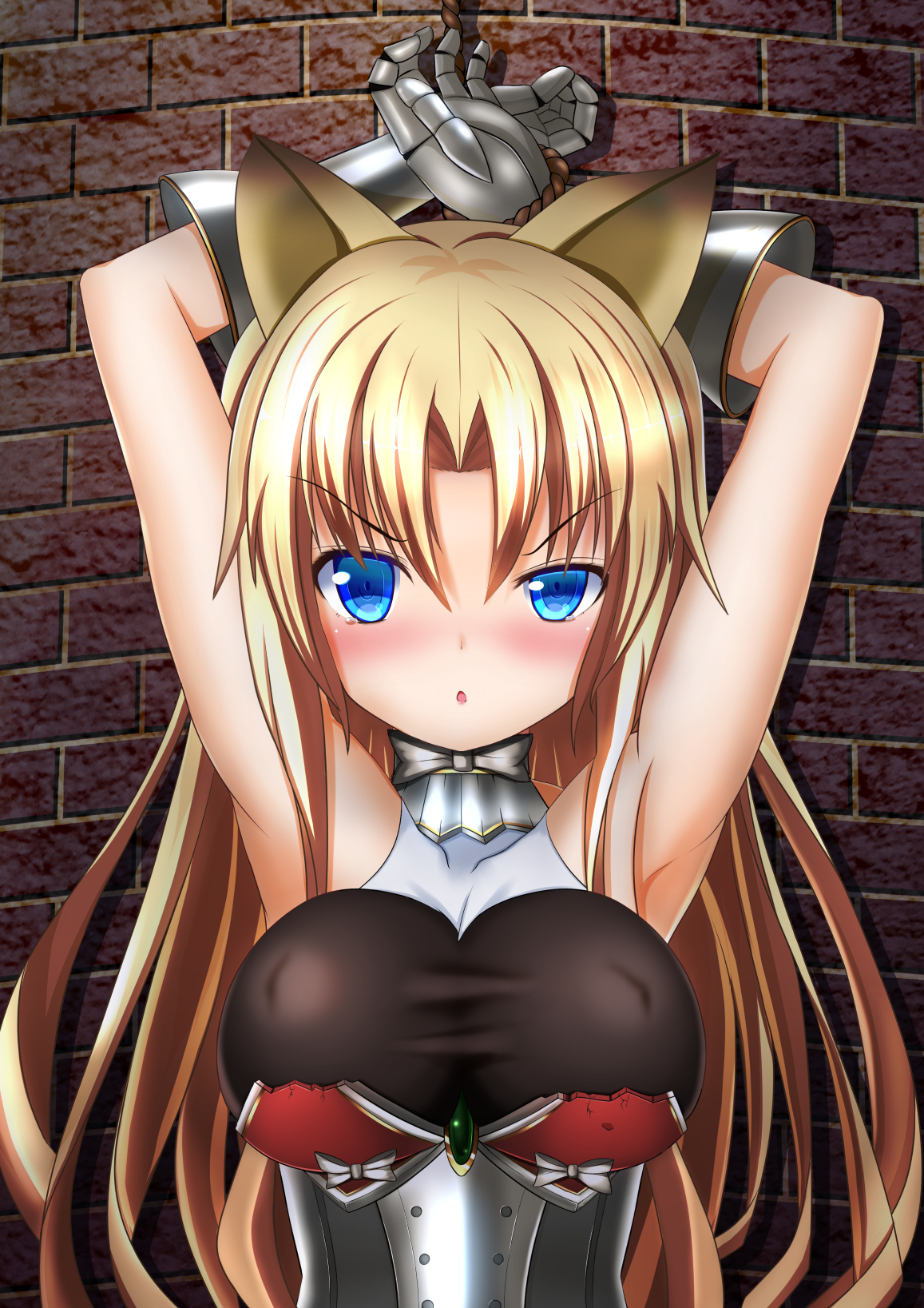 aneten, mitama elise, emil chronicle online, highres, 1girl, animal ears, armored gloves, armpits, arms up, bdsm, blonde hair, blue eyes, blush, bodysuit, boobplate, breastplate, breasts, brick, cat ears, covered erect nipples, large breasts, leotard, long hair, solo, undressing