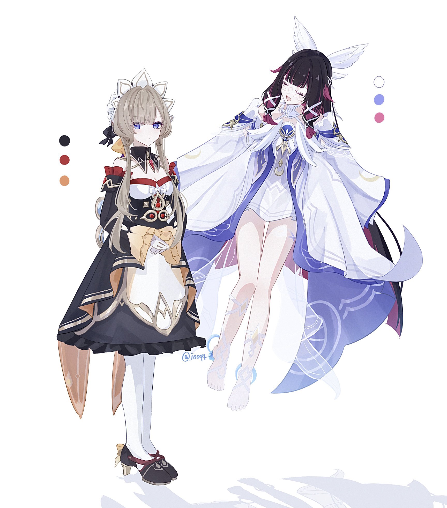 iooqq, columbina (genshin impact), sandrone (genshin impact), genshin impact, highres, 2girls, bare shoulders, black collar, black dress, black hair, black shoes, blue eyes, brown hair, closed eyes, collar, color guide, detached collar, dress, eye mask, feathered wings, head wings, long hair, long sidelocks, long sleeves, multicolored dress, multiple girls, open mouth, pantyhose, pink hair, shoes, sidelocks, simple background, very long hair, white background, white dress, white headdress, white pantyhose, white wings, wings