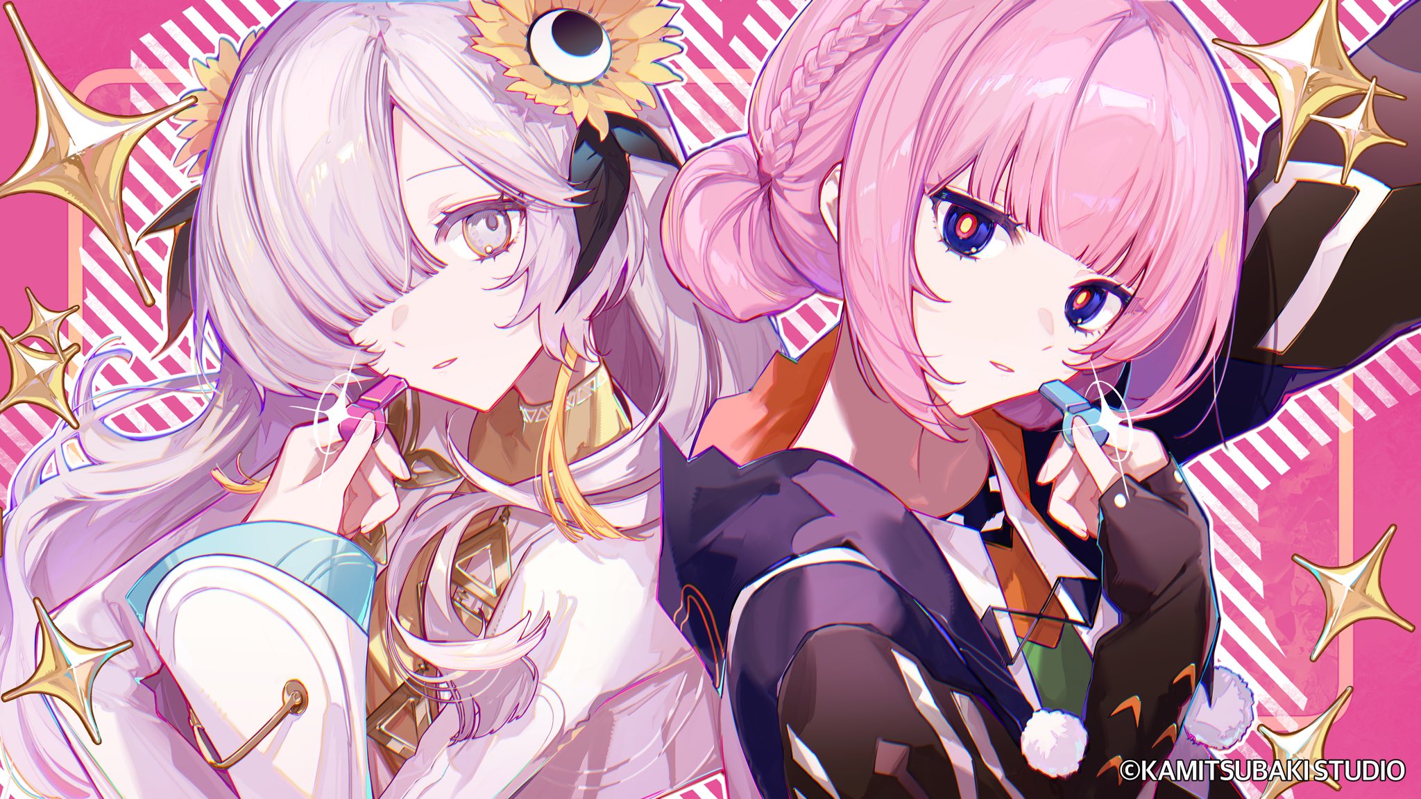 comori, isekaijoucho, kaf (kamitsubaki studio), kamitsubaki studio, highres, official art, 2girls, black jacket, blue eyes, copyright notice, cropped jacket, dress, flower, grey eyes, hair bun, hair flower, hair ornament, hair over one eye, jacket, long hair, long sleeves, looking at viewer, multiple girls, pink hair, single hair bun, upper body, virtual youtuber, whistle, white hair, white jacket, yellow dress, yellow flower