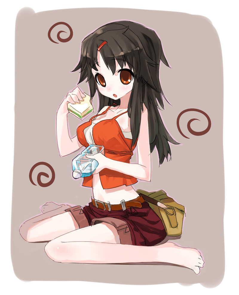 youta, original, 1girl, barefoot, belt, black hair, bottle, brown eyes, brown hair, female focus, food, hair ornament, hairclip, long hair, midriff, sandwich, shorts, sitting, solo, tank top, wariza, water bottle
