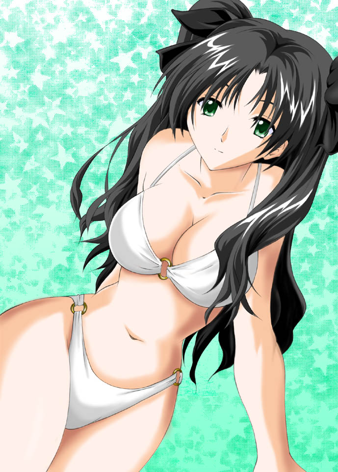 fujishiro seiki, tohsaka rin, fate/stay night, fate (series), 00s, 1girl, bikini, bra, breasts, cleavage, female focus, green eyes, hip focus, huge breasts, large breasts, lingerie, long hair, solo, swimsuit, twintails, two side up, underwear, white bikini, wide hips