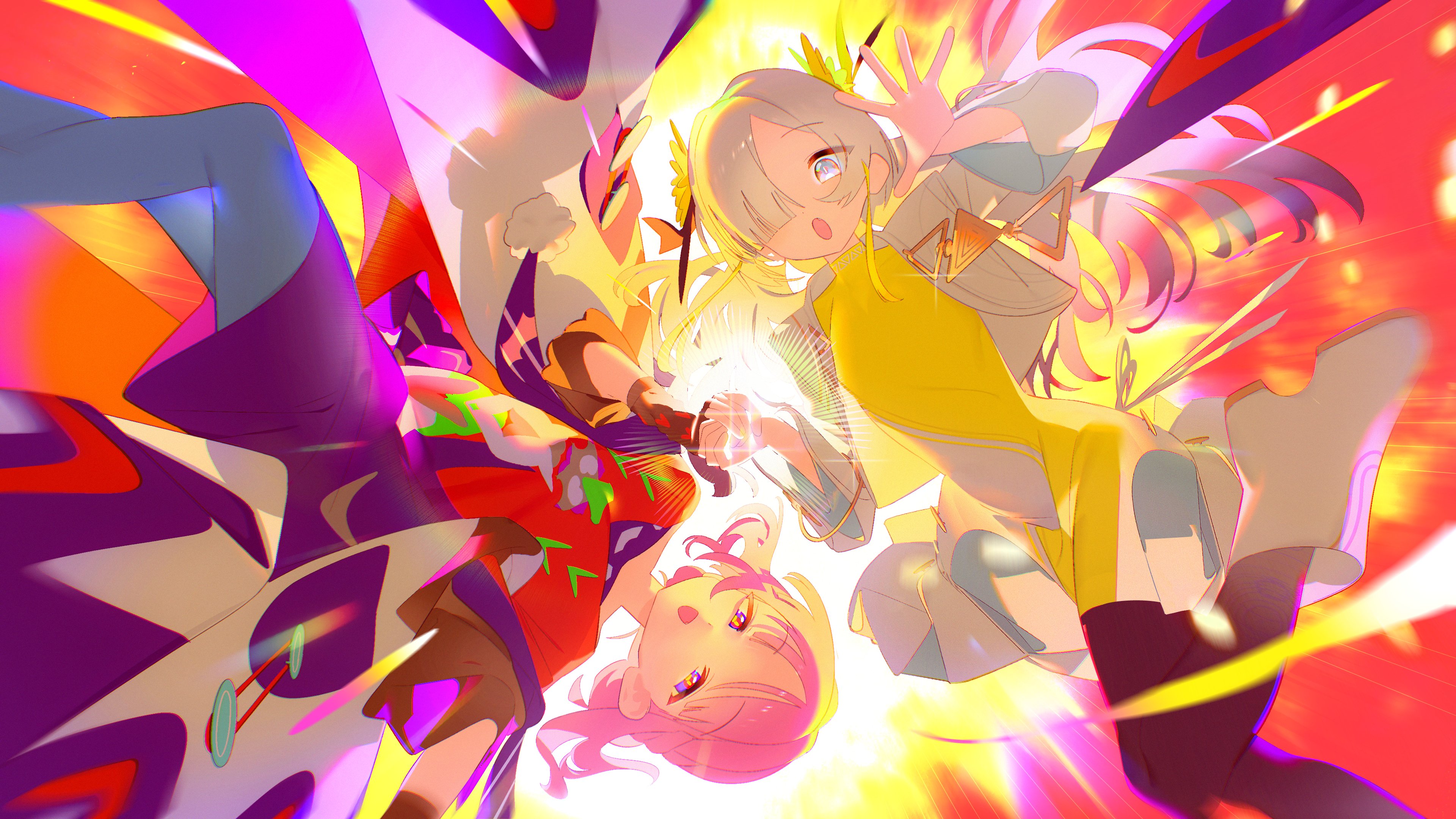 bm tol, isekaijoucho, kaf (kamitsubaki studio), kamitsubaki studio, absurdres, highres, 2girls, backlighting, black pantyhose, blue eyes, blue pantyhose, boots, cropped jacket, dress, explosion, flower, grey eyes, hair bun, hair flower, hair ornament, hair over one eye, jacket, long hair, looking at viewer, multiple girls, open clothes, open jacket, open mouth, orange shirt, pantyhose, pink hair, shirt, single hair bun, virtual youtuber, white boots, white hair, white jacket, yellow dress, yellow flower