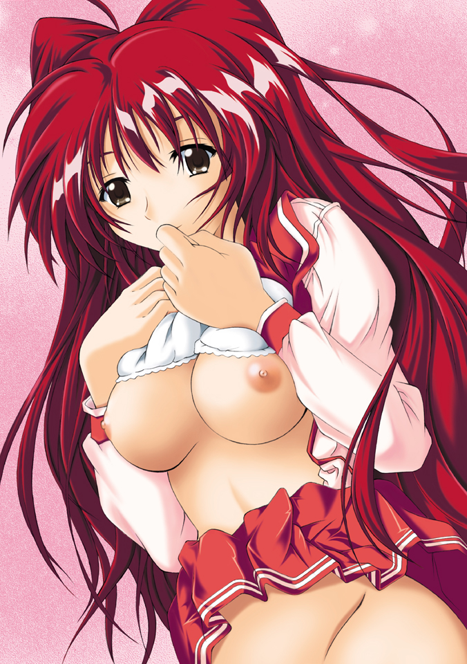fujishiro seiki, kousaka tamaki, to heart (series), to heart 2, 00s, 1girl, bra, bra lift, breasts, brown eyes, clothes lift, female focus, large breasts, lingerie, long hair, nipples, open clothes, open shirt, red hair, school uniform, serafuku, shirt, skirt, skirt lift, solo, underwear, undressing
