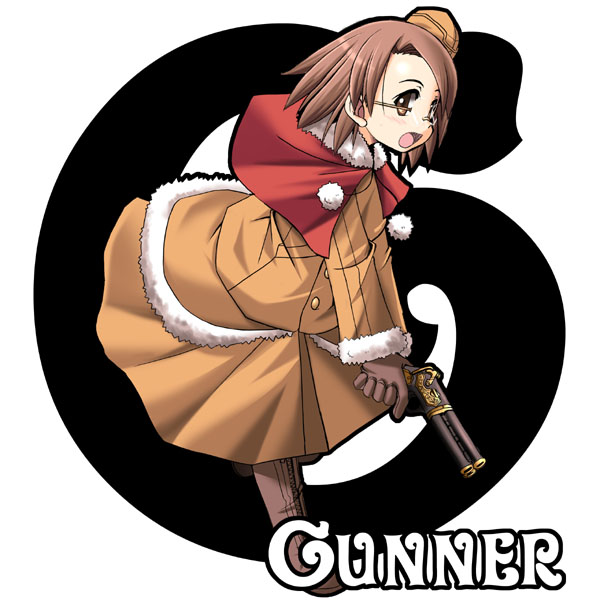 tonpuu, gunner (sekaiju), gunner 4 (sekaiju), atlus, etrian odyssey, 1girl, blush, boots, brown eyes, brown hair, character name, female focus, full body, fur trim, glasses, gloves, gun, handgun, hat, holding, holding gun, holding weapon, long sleeves, open mouth, parted bangs, pom pom (clothes), rimless eyewear, running, short hair, skirt, solo, tongue, trigger discipline, weapon