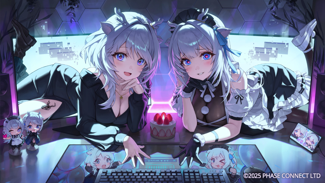 muna 1414, hakushika iori, phase connect, official art, 2girls, animal ears, antlers, apron, bare shoulders, black dress, black gloves, black headdress, black shoes, blue eyes, breasts, cake, character doll, cleavage, computer keyboard, copyright notice, deer antlers, deer ears, deer girl, doll, dress, dual persona, food, frilled dress, frills, gloves, grey hair, heart, heart-shaped pupils, hexagon, horns, looking at viewer, maid, maid headdress, medium hair, monitor, multiple girls, open mouth, parted lips, shoes, strawberry shortcake, symbol-shaped pupils, through medium, through screen, virtual youtuber, white apron, white shoes