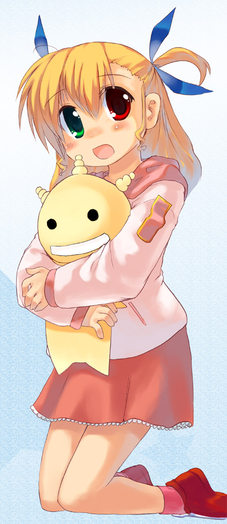 karamiti, oryzae-tan, vivio, lyrical nanoha, mahou shoujo lyrical nanoha, mahou shoujo lyrical nanoha strikers, moyashimon, 00s, 1girl, :o, blonde hair, blue ribbon, blush, crossover, emblem, female focus, green eyes, hair ribbon, heterochromia, holding, kneeling, long sleeves, looking at viewer, multicolored hair, open mouth, red eyes, red skirt, red socks, ribbon, skirt, socks, solo, stuffed toy, two-tone hair