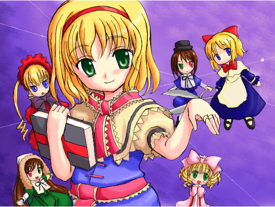 tilm, alice margatroid, hinaichigo, shanghai doll, shinku, souseiseki, suiseiseki, rozen maiden, touhou, 00s, 6+girls, apron, belt, blonde hair, blue dress, blue eyes, bonnet, bow, crossover, doll, dress, frills, green dress, green eyes, hairband, hat, headscarf, looking at viewer, multiple girls, necktie, oekaki, pink bow, red eyes, red necktie, size difference, top hat, twintails