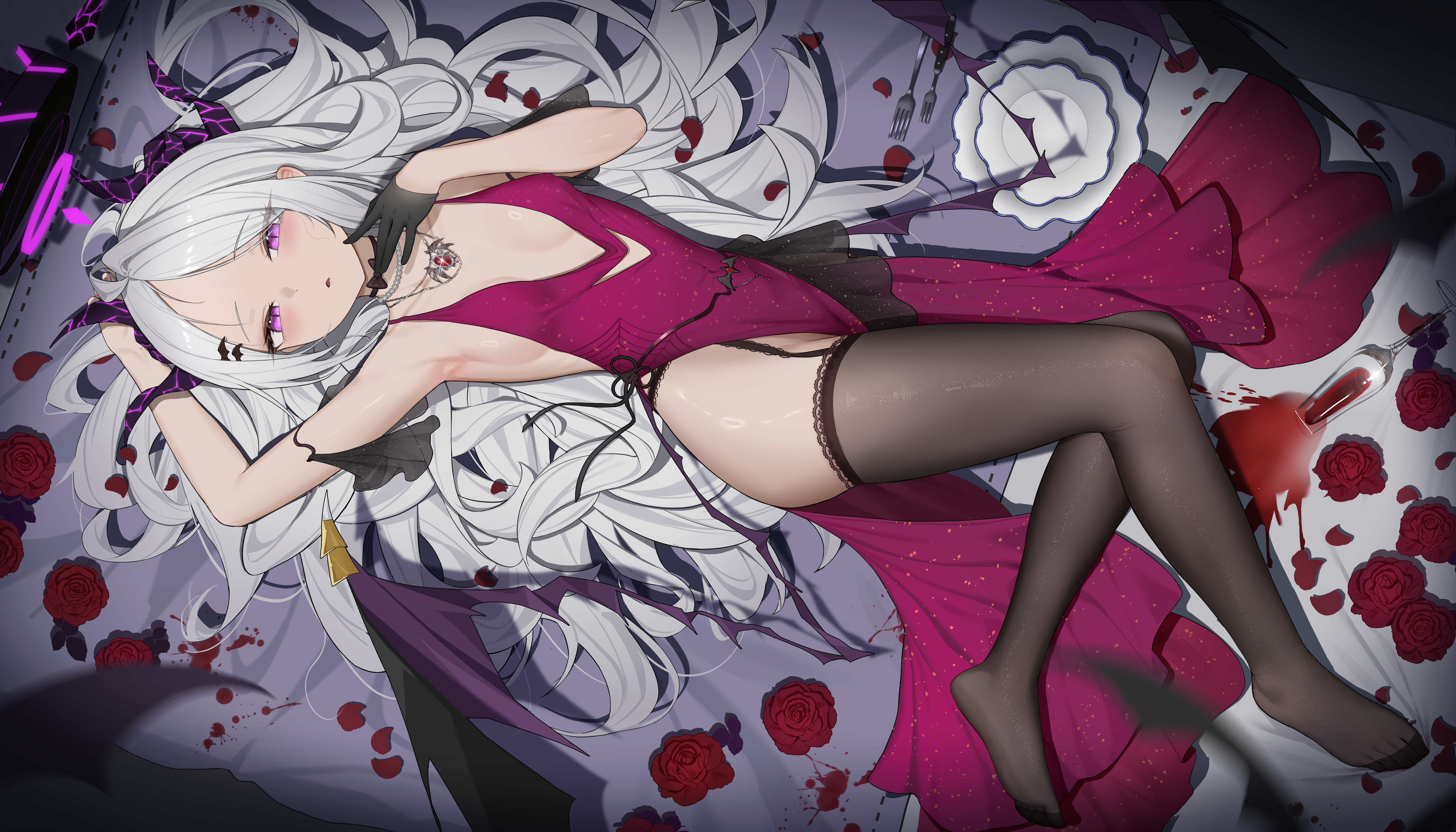 fangfangtu, hina (blue archive), blue archive, absurdres, commentary request, highres, 1girl, ahoge, alcohol, alternate costume, ambiguous red liquid, arm up, armpits, bare arms, bed sheet, black choker, black gloves, black halo, black horns, black thighhighs, black wings, blood, blood stain, blush, bow, bow choker, breasts, breasts apart, center opening, champagne flute, choker, clothing cutout, cup, cutout above navel, demon girl, demon horns, demon wings, dress, drinking glass, evening gown, expressionless, fine fabric emphasis, flower, forehead, fork, formal clothes, full body, garter straps, gem, glitter dress, gloves, hair ornament, hair spread out, hairclip, half gloves, halo, hand up, horns, jewelry, lace, lace-trimmed thighhighs, lace trim, legs, long dress, long hair, looking at viewer, low wings, lying, multiple necklaces, necklace, no bra, no shoes, on back, parallel hairclips, parted bangs, parted lips, pearl necklace, pendant, petals, plate, print dress, purple eyes, purple wings, red dress, red flower, red gemstone, red petals, red rose, rose, rose petals, shiny skin, side slit, sideboob, sideways, single glove, sleeveless, sleeveless dress, slit pupils, small breasts, solo, spider web print, spiked halo, spill, stained sheets, striped horns, thighhighs, thighs, toes, tsurime, two-tone wings, very long hair, white hair, wine, wing hair ornament, wings