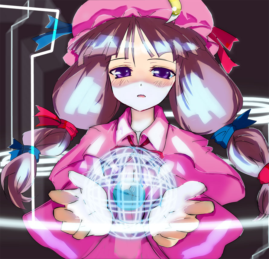 gotyou, patchouli knowledge, touhou, 1girl, collared dress, crescent, dress, female focus, frills, glowing, hat, long hair, long sleeves, looking at viewer, magic, mob cap, orb, pink dress, purple eyes, purple hair, shaded face, solo, very long hair
