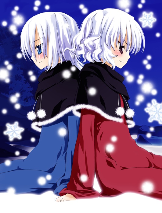 noto (soranoto), original, gender request, androgynous, back-to-back, holding hands, sitting, smile, snow, snowflakes, snowing