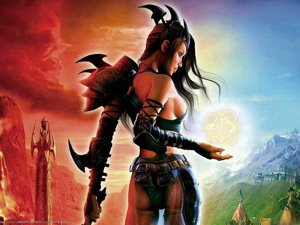 wallpaper, armor, belt, breasts, scenery, shoulder pads, sideboob, tower