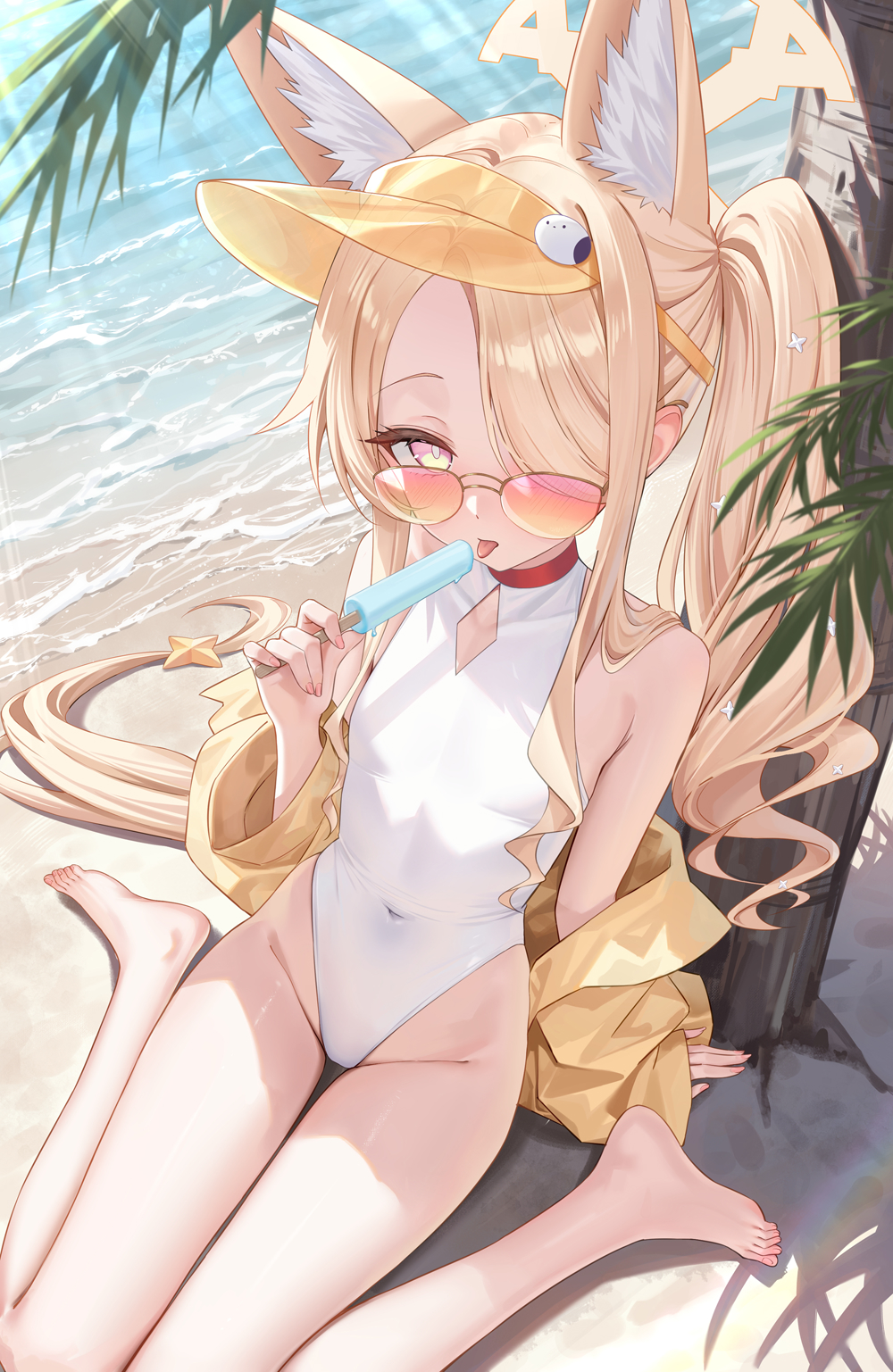 rong yi tan, seia (blue archive), seia (swimsuit) (blue archive), blue archive, commentary request, highres, 1girl, above-cleavage cutout, animal ears, blonde hair, clothing cutout, covered navel, cross halo, diamond cutout, fox ears, fox girl, hair over one eye, halo, highleg, highleg one-piece swimsuit, jacket, looking at viewer, multicolored eyes, official alternate hairstyle, one-piece swimsuit, sitting, solo, sunglasses, swimsuit, tinted eyewear, wariza, white one-piece swimsuit, yellow halo, yellow jacket, yellow visor