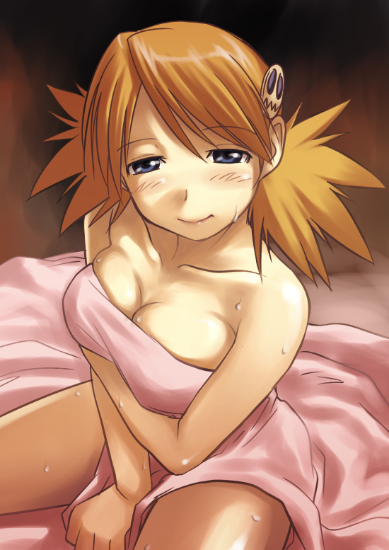 sakaki imasato, sasamori karin, to heart (series), to heart 2, 00s, 1girl, bed, bed sheet, covering crotch, covering privates, female focus, naked sheet, sitting, solo