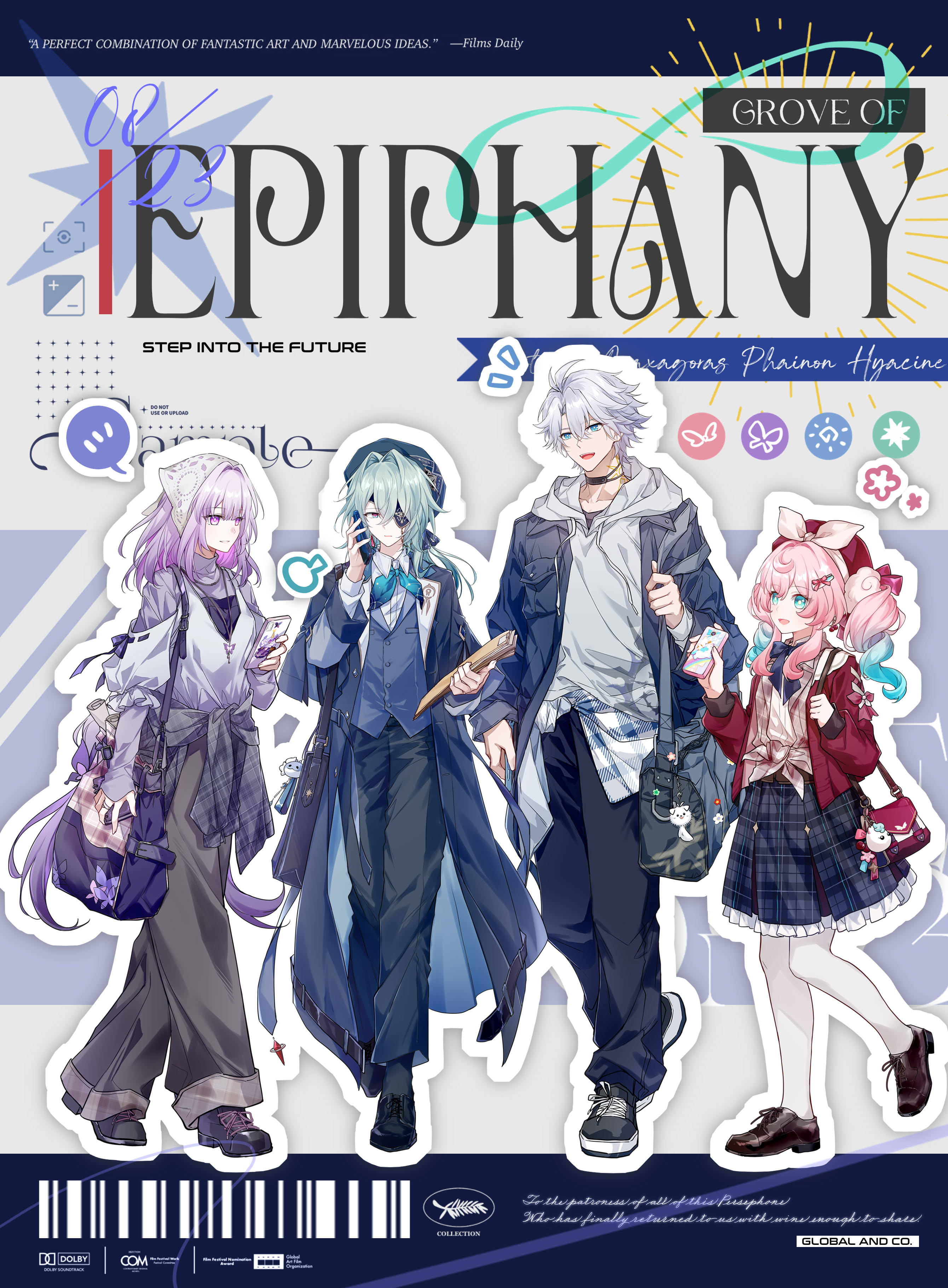 ddungw, anaxa (honkai: star rail), castorice (honkai: star rail), hyacine (honkai: star rail), phainon (honkai: star rail), honkai: star rail, honkai (series), absurdres, highres, 2boys, 2girls, alternate costume, antenna hair, aqua eyes, aqua hair, beret, black pants, black shoes, blue coat, blue eyes, blue hat, blue jacket, blue skirt, blue vest, brown pants, brown shoes, character name, coat, english text, eyepatch, frilled skirt, frills, full body, gradient hair, grey hair, grey shirt, hair between eyes, hat, jacket, long hair, medium hair, multicolored hair, multiple boys, multiple girls, one eye covered, open clothes, open coat, open jacket, open mouth, pants, pantyhose, parted bangs, pink hair, purple eyes, purple hair, red jacket, shirt, shoes, short hair, skirt, smile, twintails, two-tone hair, vest, white pantyhose