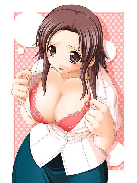 keito, kawada tomoko, kimi kiss, bra, breasts, brown eyes, brown hair, cleavage, forehead, huge breasts, large breasts, lingerie, open clothes, open shirt, shirt, solo, underwear
