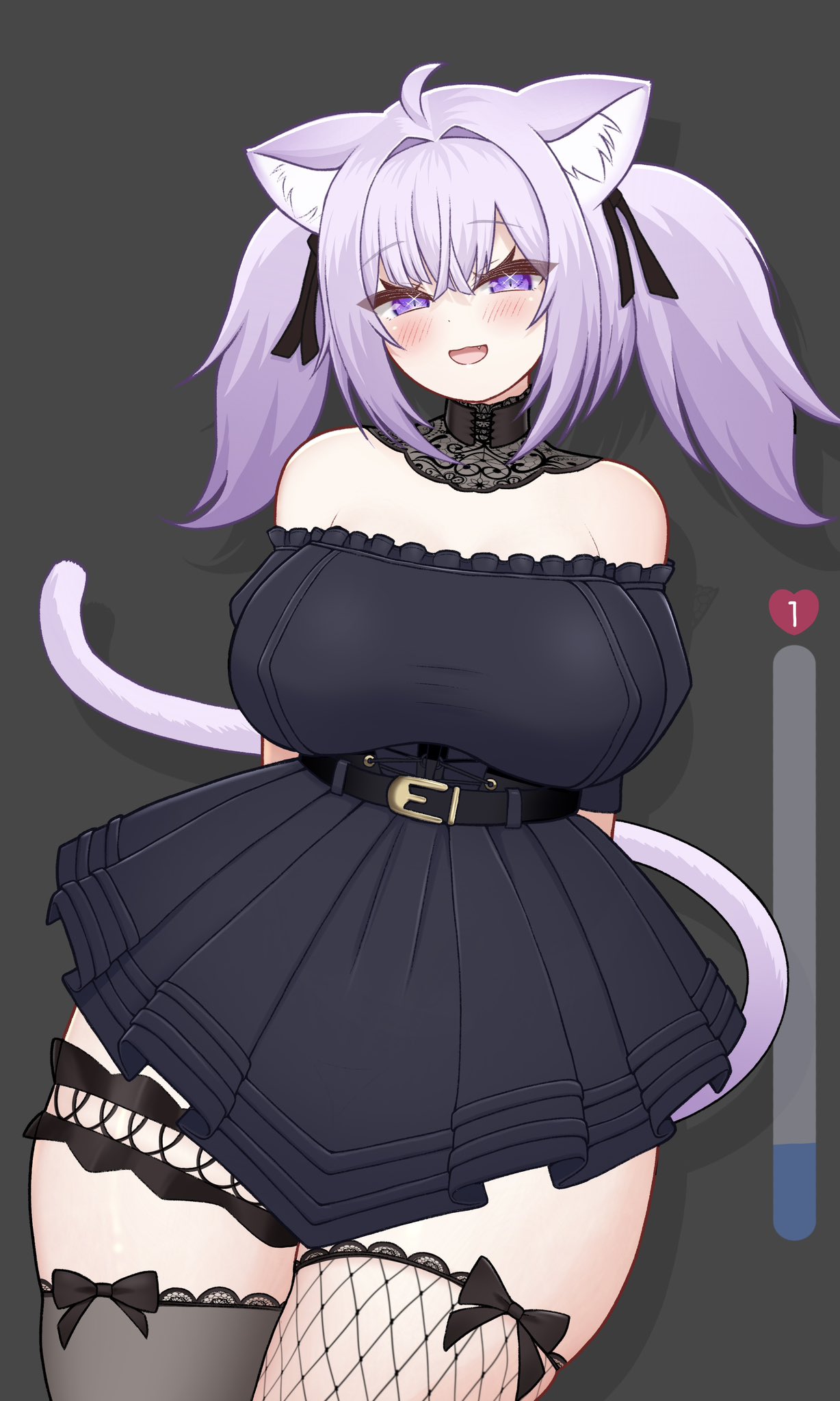 mochigomemcmc, ani (xai), nekomata okayu, hololive, xai (company), highres, 1girl, :d, ahoge, ani (xai) (cosplay), animal ear fluff, animal ears, arms behind back, asymmetrical legwear, bare shoulders, black choker, black dress, blush, breasts, cat ears, cat girl, cat tail, choker, cosplay, covered erect nipples, cowboy shot, dress, grey background, hair between eyes, lace, lace choker, large breasts, looking at viewer, medium hair, mismatched legwear, off-shoulder dress, off shoulder, open mouth, purple eyes, purple hair, purple tail, smile, solo, tail, taut clothes, taut dress, thick thighs, thighhighs, thighs, twintails, virtual youtuber