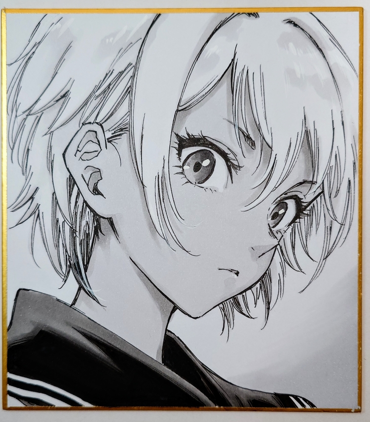 original, commentary request, marker (medium), pen (medium), photo (medium), traditional media, 1girl, closed mouth, double-parted bangs, eyelashes, greyscale, hair behind ear, hair between eyes, looking at viewer, makomako1061, monochrome, portrait, shikishi, short hair, sidelocks, solo