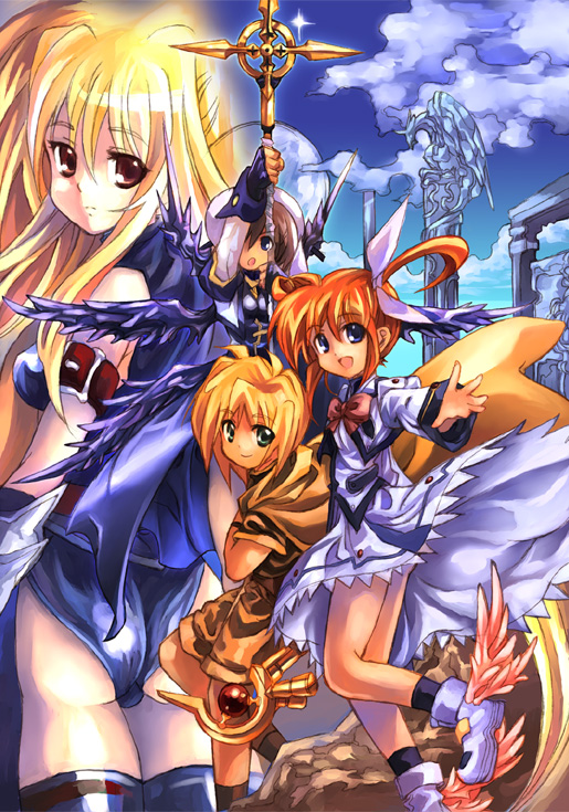 kouno hikaru, fate testarossa, raising heart, schwertkreuz, takamachi nanoha, yagami hayate, yuuno scrya, lyrical nanoha, mahou shoujo lyrical nanoha, mahou shoujo lyrical nanoha a's, 00s, 1boy, 3girls, bare legs, blonde hair, blue eyes, blue sky, bodysuit, bow, bowtie, cloud, cross, day, dress, holding, long hair, looking at viewer, multiple girls, orange hair, red bow, red bowtie, red eyes, sky, thighhighs, very long hair, white dress