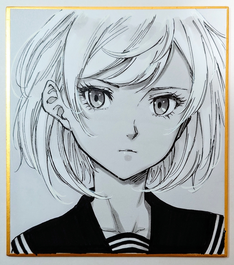 original, commentary request, marker (medium), pen (medium), photo (medium), traditional media, 1girl, closed mouth, collarbone, eyelashes, greyscale, looking at viewer, makomako1061, monochrome, parted bangs, portrait, sailor collar, serious, shikishi, short hair, solo, straight-on, swept bangs