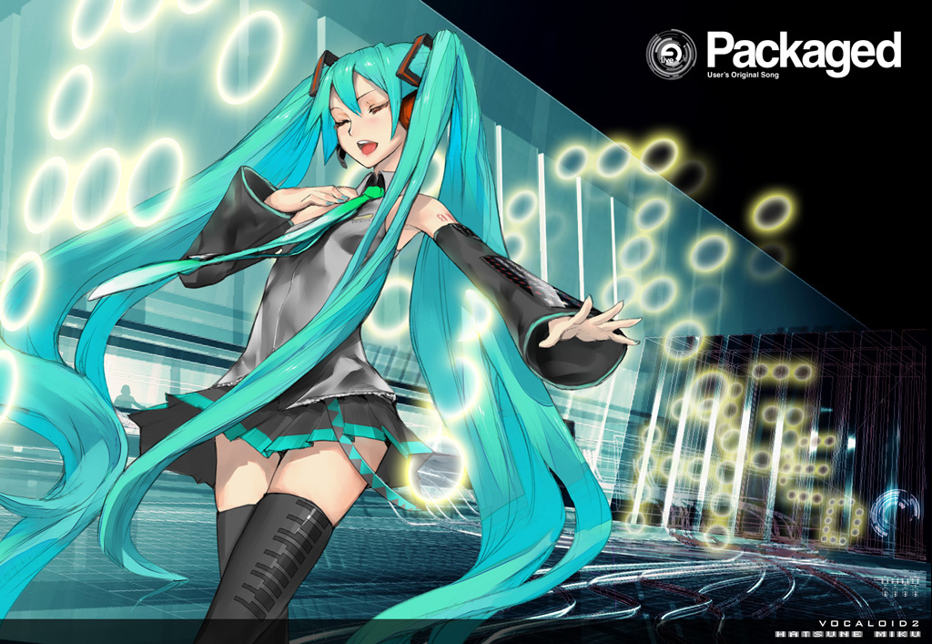 redjuice, hatsune miku, vocaloid, aqua hair, closed eyes, detached sleeves, green hair, long hair, music, necktie, singing, skirt, solo, thighhighs, twintails, very long hair, zettai ryouiki