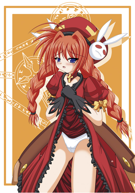 scarlet (infinity), vita (nanoha), lyrical nanoha, mahou shoujo lyrical nanoha, mahou shoujo lyrical nanoha a's, 00s, 1girl, blue eyes, blush, braid, clothes lift, dress, dress lift, female focus, gloves, hat, panties, red hair, skirt, skirt lift, solo, standing, twin braids, underwear