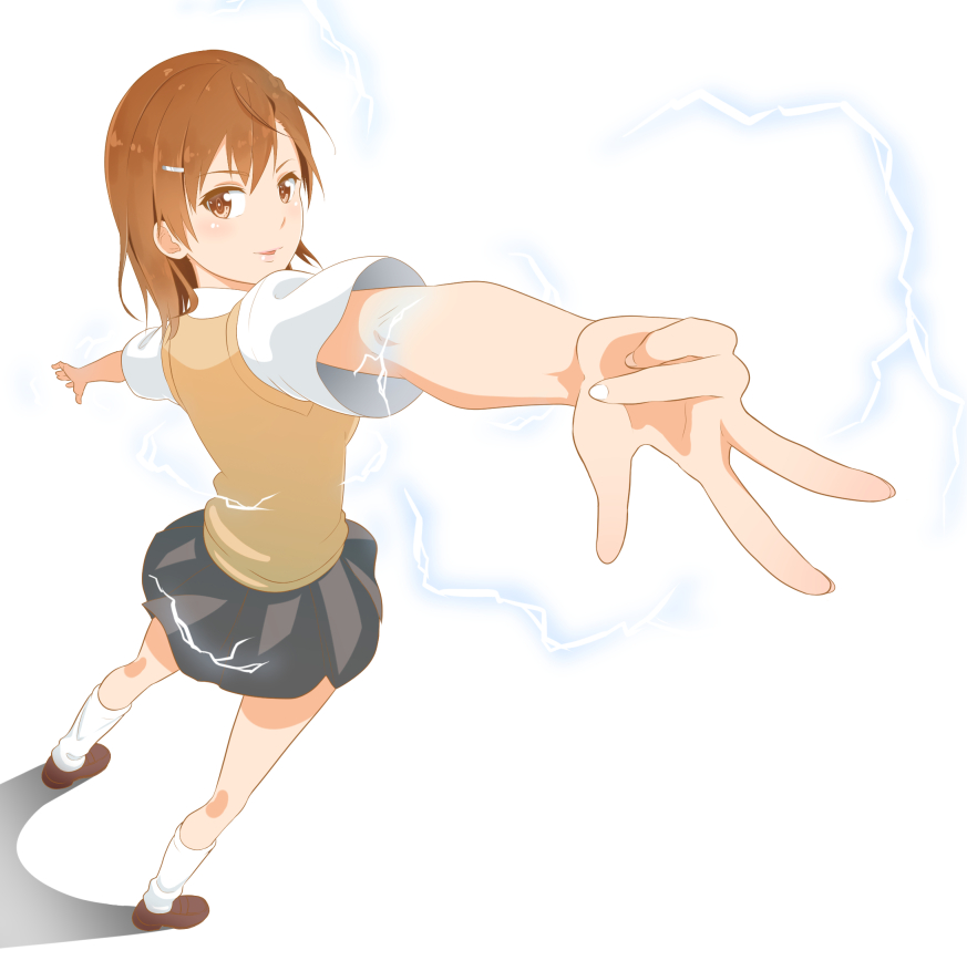 yasuto (eria151), misaka mikoto, toaru kagaku no railgun, toaru majutsu no index, commentary, 1girl, bare shoulders, brown eyes, brown hair, brown shoes, brown sweater, brown sweater vest, brown vest, electricity, electrokinesis, fingernails, from behind, full body, grey skirt, hair ornament, hairclip, kneehighs, light blush, light smile, loafers, looking at viewer, medium hair, miniskirt, outstretched arms, parted lips, perspective, pleated skirt, school uniform, shadow, shirt, shoes, short sleeves, simple background, skirt, sleeveless, sleeveless sweater, socks, solo, standing, summer uniform, sweater, sweater vest, t-pose, tokiwadai school uniform, vest, w, white background, white shirt, white socks