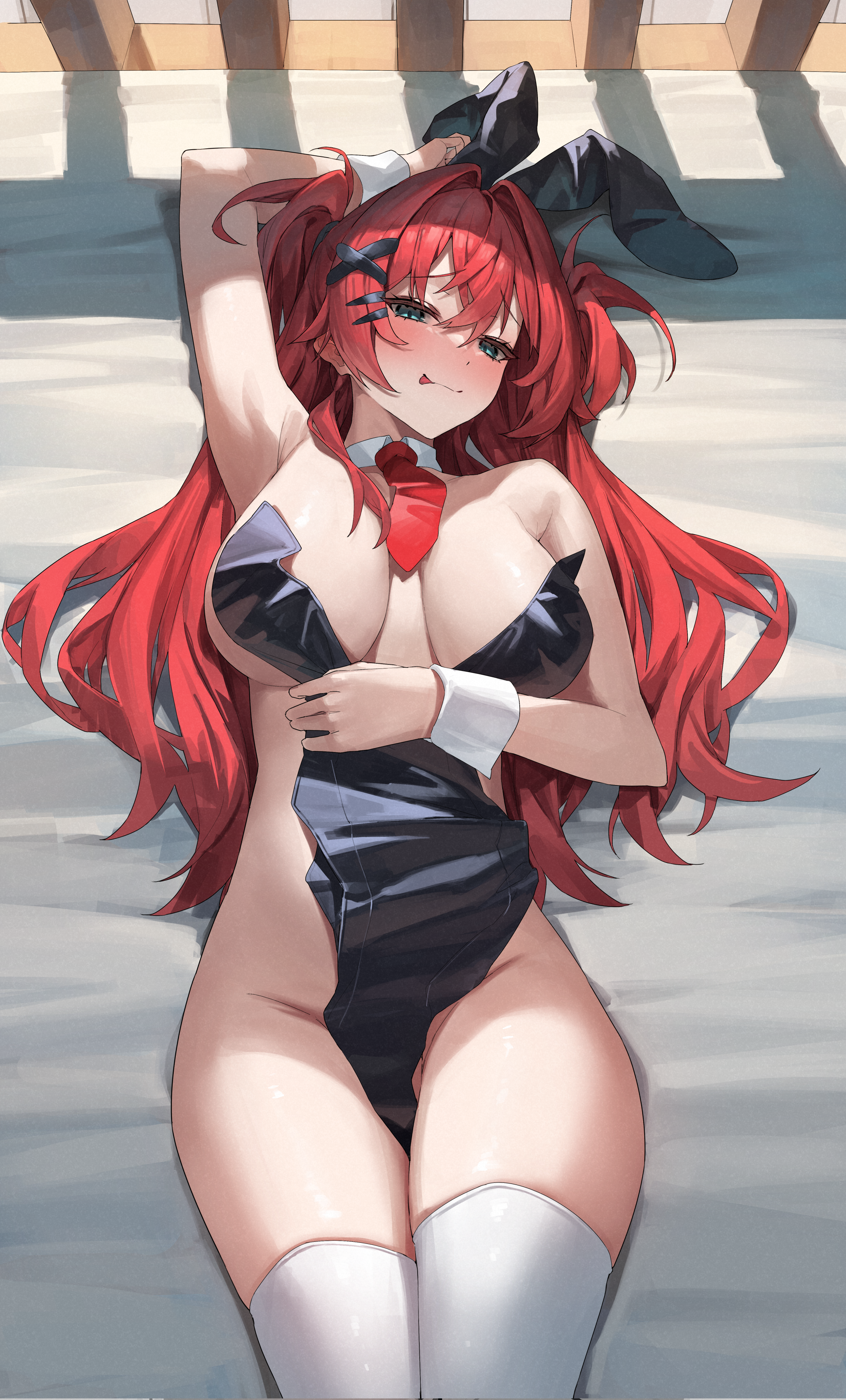 yamanokami eaka, original, absurdres, commentary request, highres, paid reward available, 1girl, :p, animal ears, arm up, armpits, blush, breasts, closed mouth, detached collar, fake animal ears, green eyes, large breasts, leotard, long hair, looking at viewer, lying, necktie, on back, rabbit ears, red hair, red necktie, smile, solo, thighhighs, thighs, tongue, tongue out, unworn leotard, white thighhighs, wrist cuffs