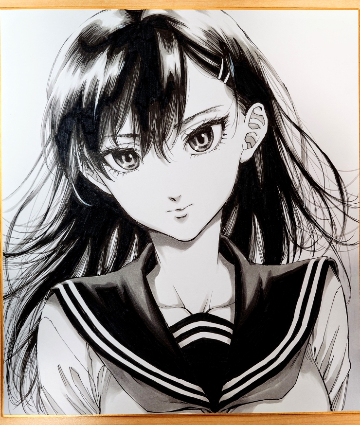 original, commentary request, marker (medium), pen (medium), photo (medium), traditional media, 1girl, closed mouth, collarbone, expressionless, eyelashes, greyscale, hair between eyes, hair ornament, hairclip, long bangs, long hair, looking at viewer, makomako1061, monochrome, parallel hairclips, parted bangs, sailor collar, school uniform, shikishi, solo, straight-on, tsurime, upper body
