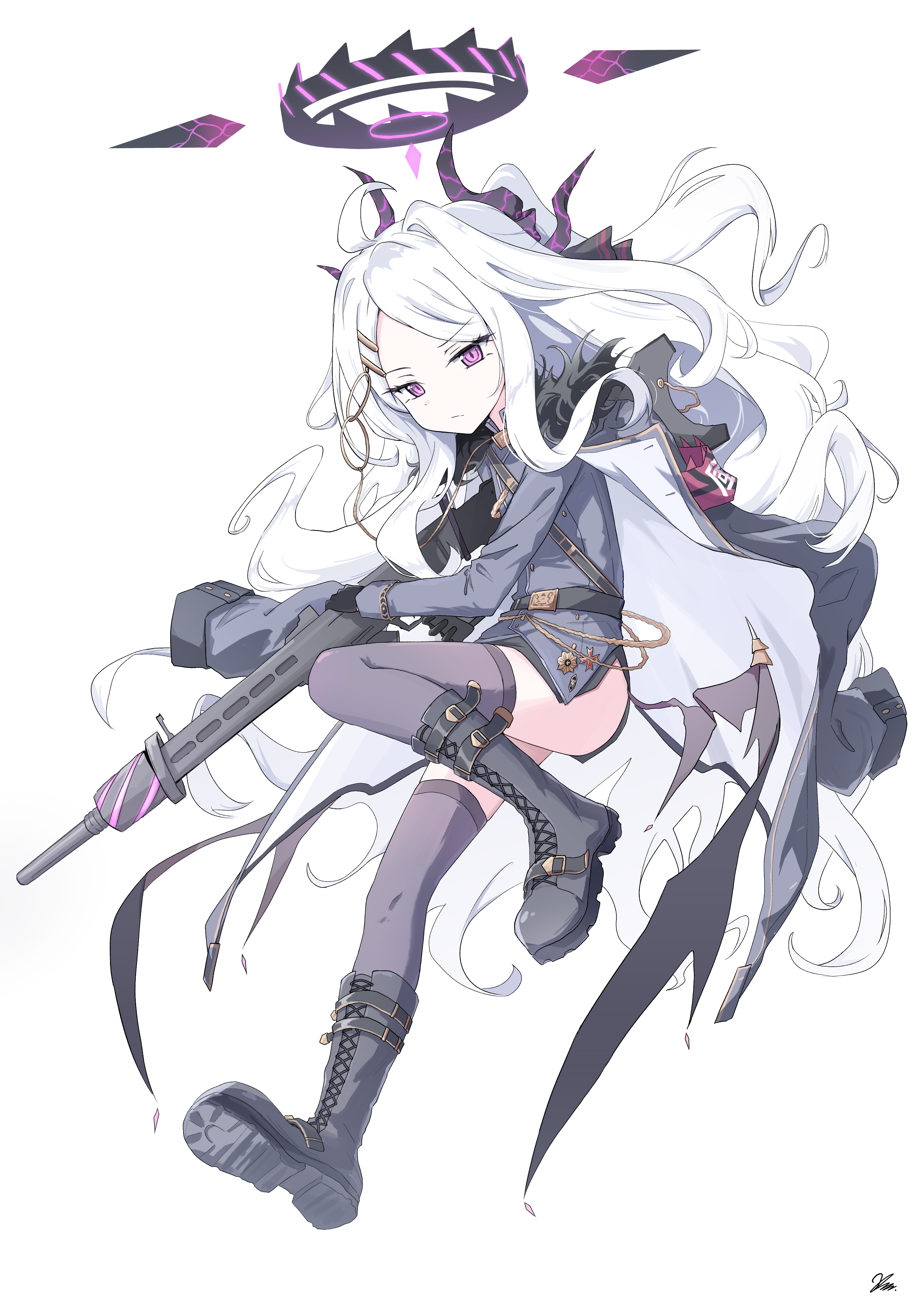 kiroshi, hina (blue archive), blue archive, absurdres, highres, 1girl, ahoge, armband, black coat, black halo, black skirt, coat, coat on shoulders, demon girl, demon horns, demon wings, full body, gun, halo, holding, holding gun, holding weapon, horns, long hair, looking at viewer, machine gun, mg42, red armband, simple background, skirt, solo, very long hair, weapon, white background, white hair, wings