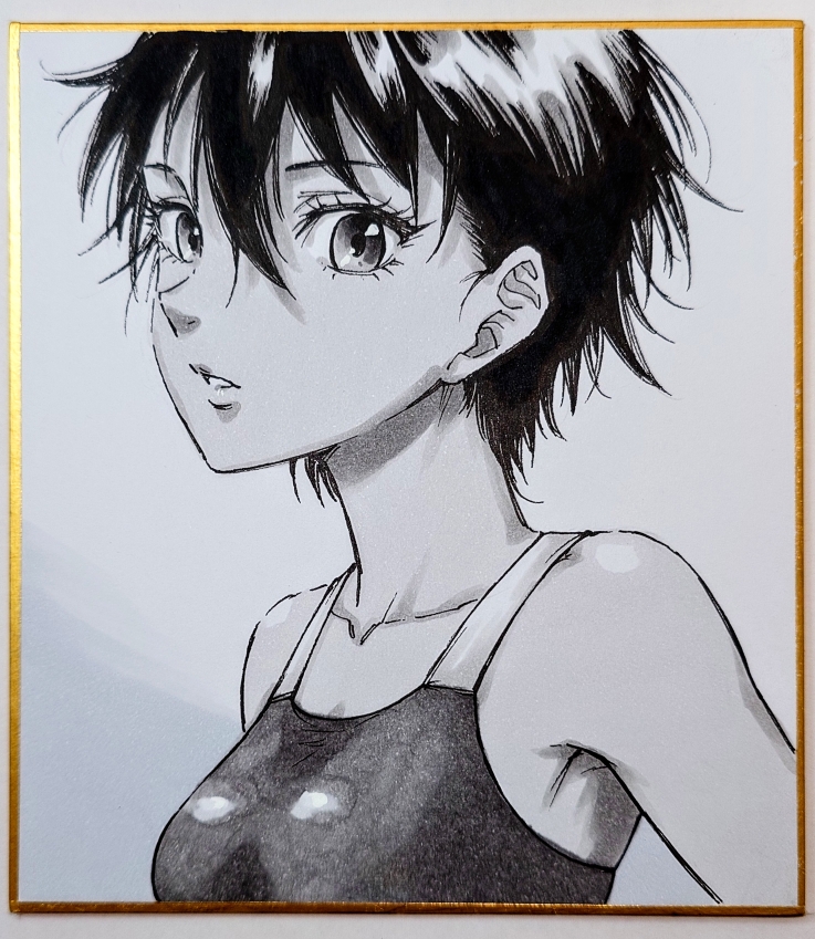 original, commentary request, marker (medium), pen (medium), photo (medium), traditional media, 1girl, armpits, breasts, choppy bangs, collarbone, expressionless, eyelashes, from side, greyscale, hair between eyes, long bangs, looking at viewer, looking to the side, makomako1061, monochrome, one-piece swimsuit, parted lips, shikishi, short hair, solo, swimsuit, tomboy, upper body, very short hair