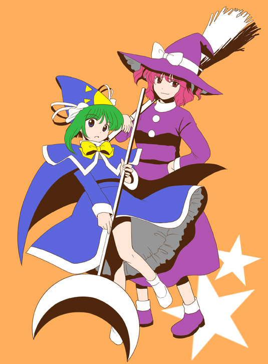 hashiyamoto, kirisame marisa, kirisame marisa (pc-98), mima (touhou), onozuka komachi, shiki eiki, touhou, touhou (pc-98), purple footwear, white footwear, white legwear, 2girls, asymmetrical hair, blue dress, blue eyes, bow, broom, cape, capelet, collar, cosplay, dress, female focus, green hair, hand on own hip, hat, hat bow, kirisame marisa (cosplay), long sleeves, mima (cosplay), multiple girls, murasaki komichi, orange background, pink eyes, pink hair, purple dress, purple hat, scepter, shoes, short hair, skirt, skirt set, socks, star (symbol), white bow, white collar, witch hat, wizard hat, yellow bow