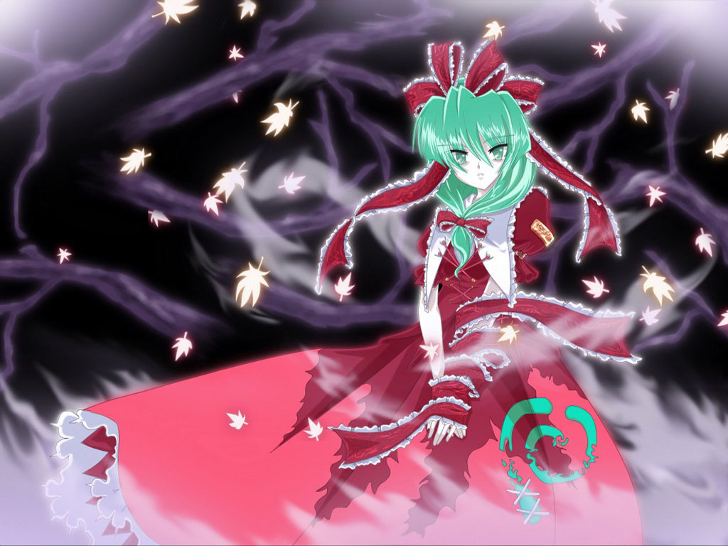 kagiyama hina, touhou, 1girl, female focus, front ponytail, green eyes, green hair, hair ribbon, leaf, matching hair/eyes, ribbon, solo
