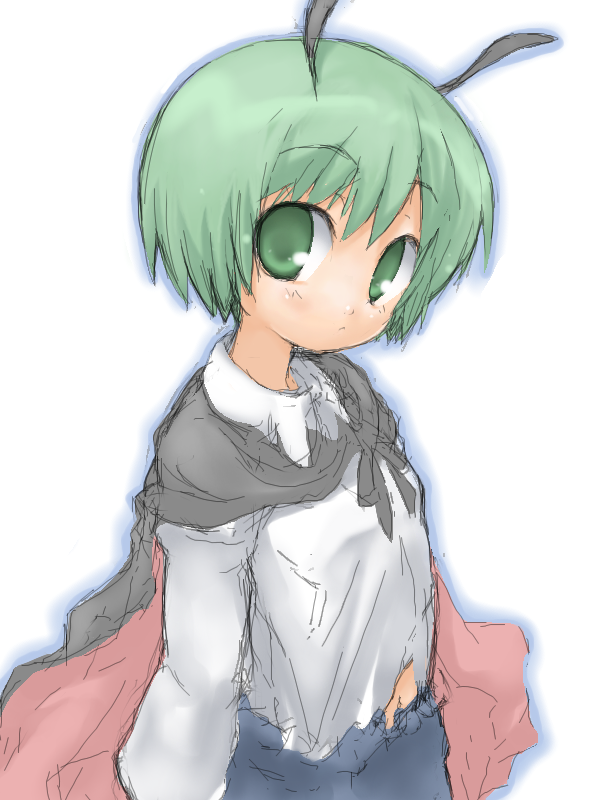 midori ya, ozaki, wriggle nightbug, touhou, 1girl, antennae, blouse, female focus, green eyes, green hair, matching hair/eyes, oekaki, shirt, short hair, solo, white background, white shirt