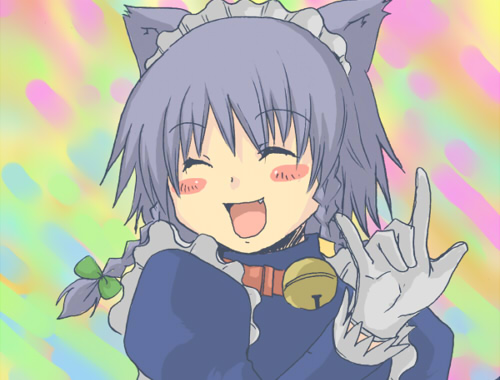 toto (hitori othello), inu sakuya (nejikirio), izayoi sakuya, touhou, silver hair, lowres, 1girl, animal ears, bell, blush, braid, cat ears, cat girl, dog ears, fang, female focus, hitori osero, kemonomimi mode, m/, short hair, solo, twin braids