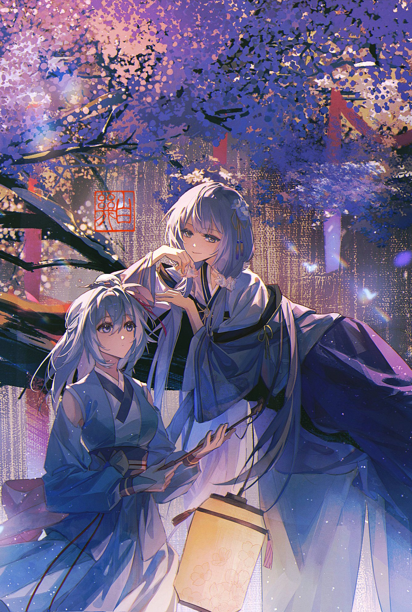 haku (muc12b), character request, copyright request, highres, 2girls, breasts, closed mouth, detached sleeves, grey eyes, grey hair, grey vest, hair between eyes, head rest, holding lamp, japanese clothes, kimono, long hair, long sleeves, looking at another, multiple girls, puffy long sleeves, puffy sleeves, purple skirt, skirt, smile, vest, white kimono, wide sleeves