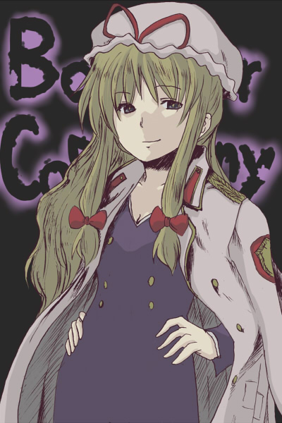 toto (hitori othello), balalaika (black lagoon), yakumo yukari, black lagoon, touhou, 1girl, balalaika (black lagoon) (cosplay), balalaika (cosplay), blonde hair, bow, coat, coat on shoulders, cosplay, cowboy shot, dress, facing viewer, female focus, hair bow, hands on own hips, hat, hitori osero, jacket, jacket on shoulders, long hair, looking at viewer, mob cap, purple dress, red bow, sidelocks, smile, solo, standing, text background