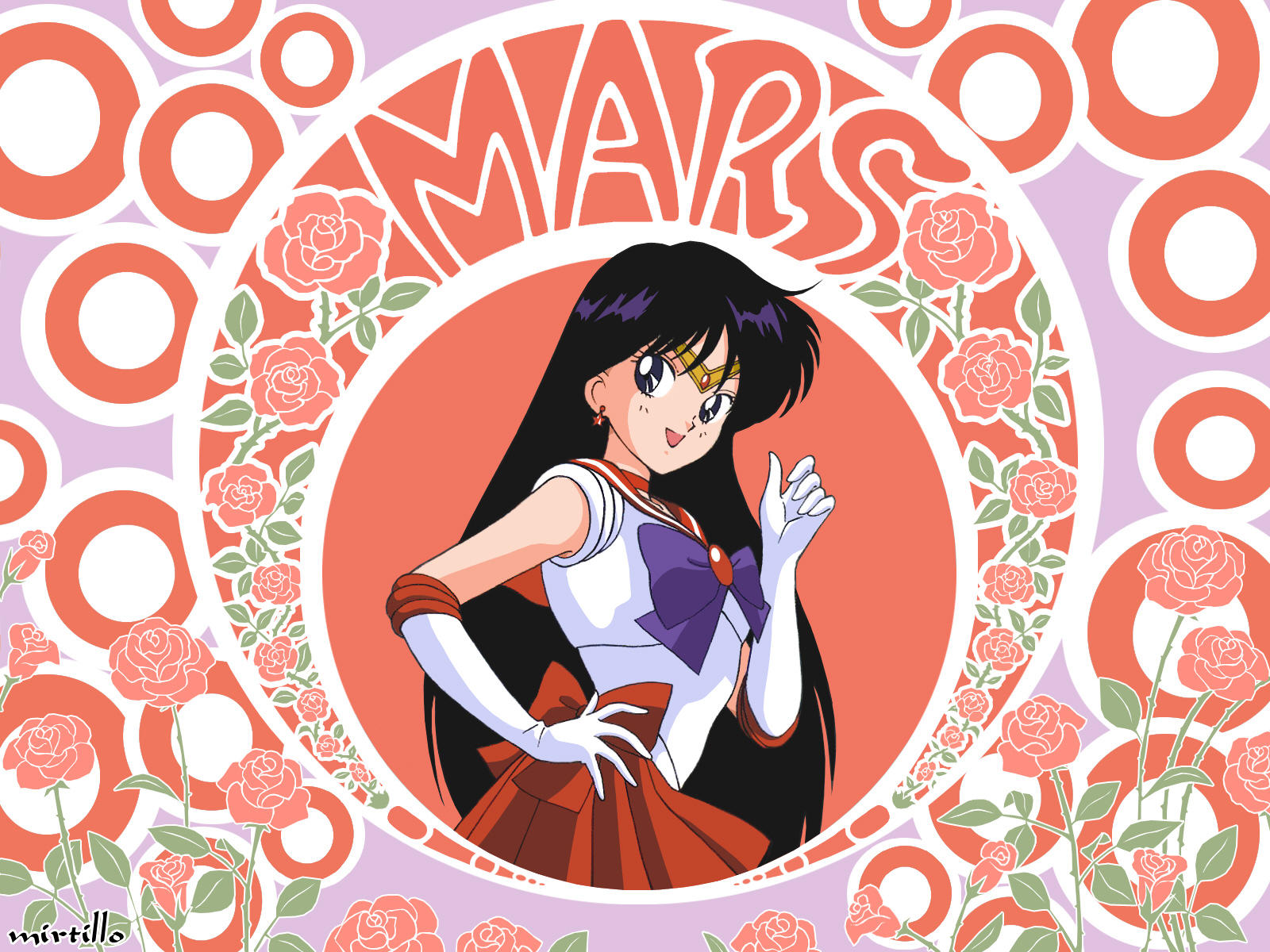 hino rei, sailor mars, bishoujo senshi sailor moon, highres, 1990s (style), 1girl, art nouveau, black hair, choker, collar, earrings, elbow gloves, female focus, flower, gloves, jewelry, long hair, magical girl, red skirt, red theme, retro artstyle, rose, skirt, solo, tiara