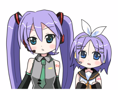 hatsune miku, hiiragi kagami, hiiragi tsukasa, kagamine rin, lucky star, vocaloid, lowres, 2girls, cosplay, hatsune miku (cosplay), kagamine rin (cosplay), multiple girls, sisters, twins, twintails, upper body