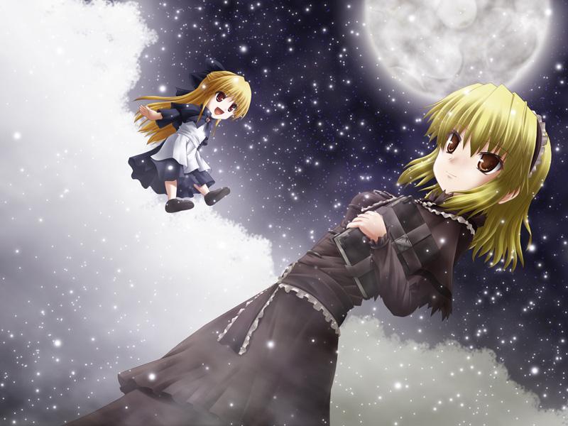 alice margatroid, shanghai doll, touhou, 1girl, alternate color, blonde hair, book, female focus, moon, short hair, snow, snowing, solo