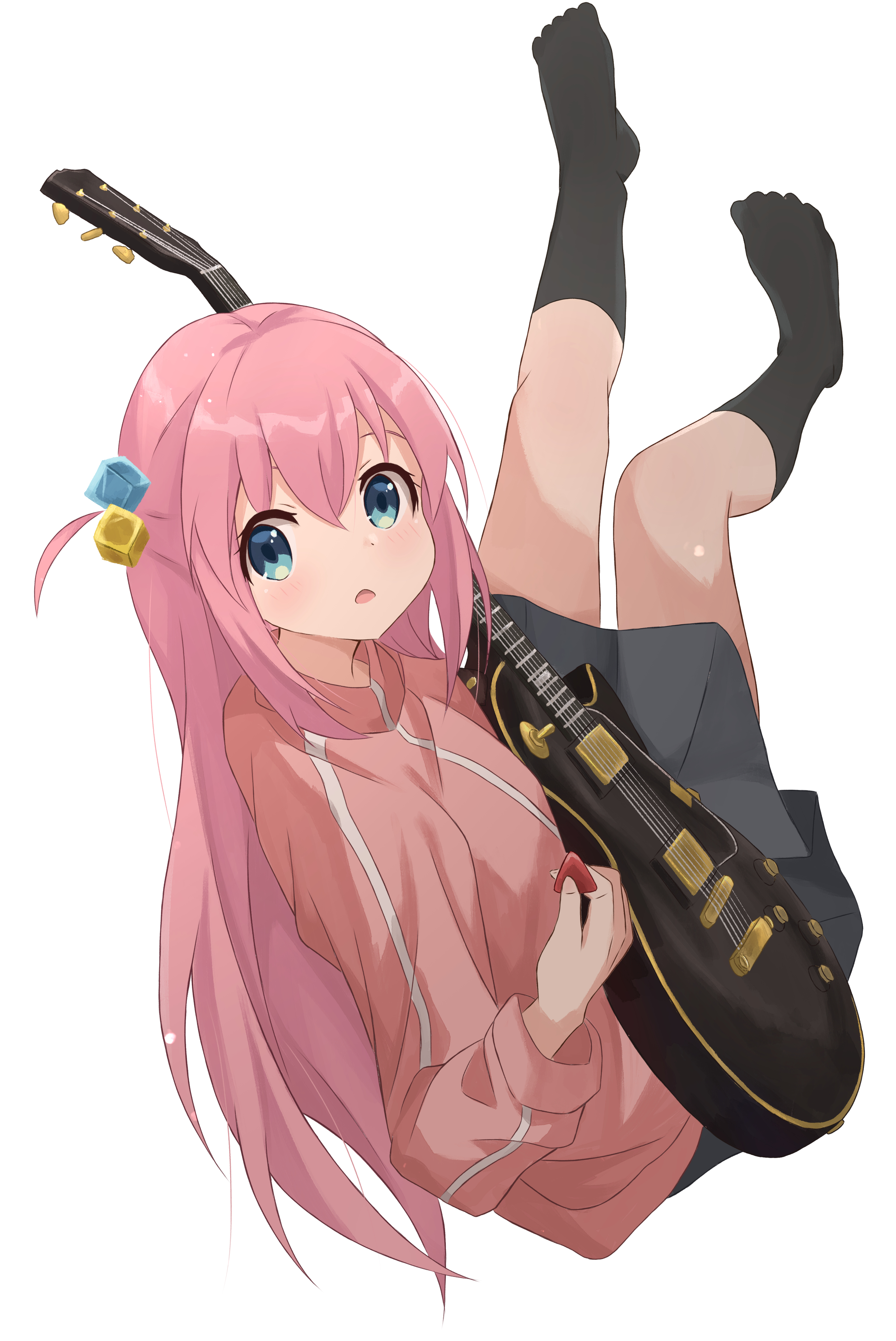 chinosuke (cs4126), gotoh hitori, bocchi the rock!, absurdres, commentary, highres, 1girl, black skirt, black socks, blue eyes, cube hair ornament, electric guitar, full body, gibson les paul, guitar, hair ornament, holding, holding plectrum, instrument, jacket, long hair, looking at viewer, no shoes, open mouth, pink hair, pink jacket, plectrum, simple background, skirt, socks, solo, track jacket, white background