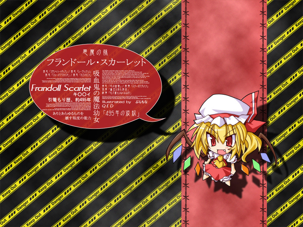 flandre scarlet, touhou, 1girl, blouse, chibi, female focus, hat, mob cap, shirt, solo, speech bubble, white hat, white shirt, wings